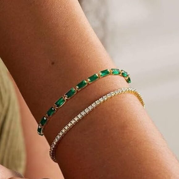 Women's 14K Gold Plated Green Cubic Zirconia Adjustable Stackable Bracelet - Picture 4 of 5